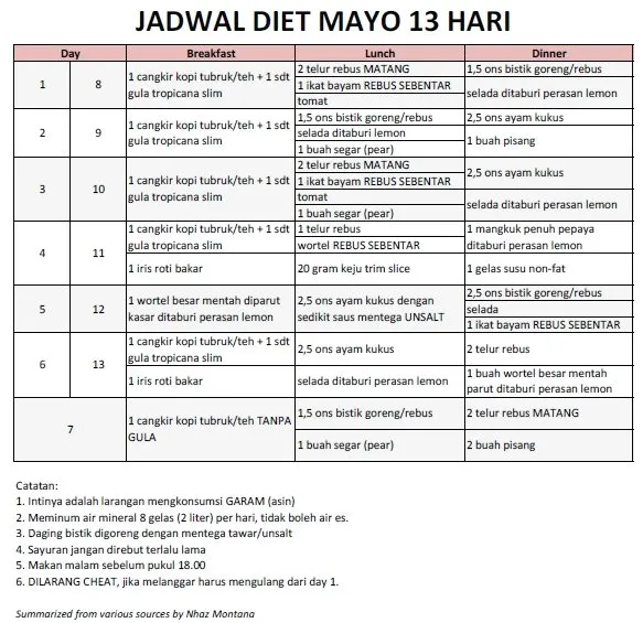 Rekomendasi Menu Diet Mayo 13 Hari